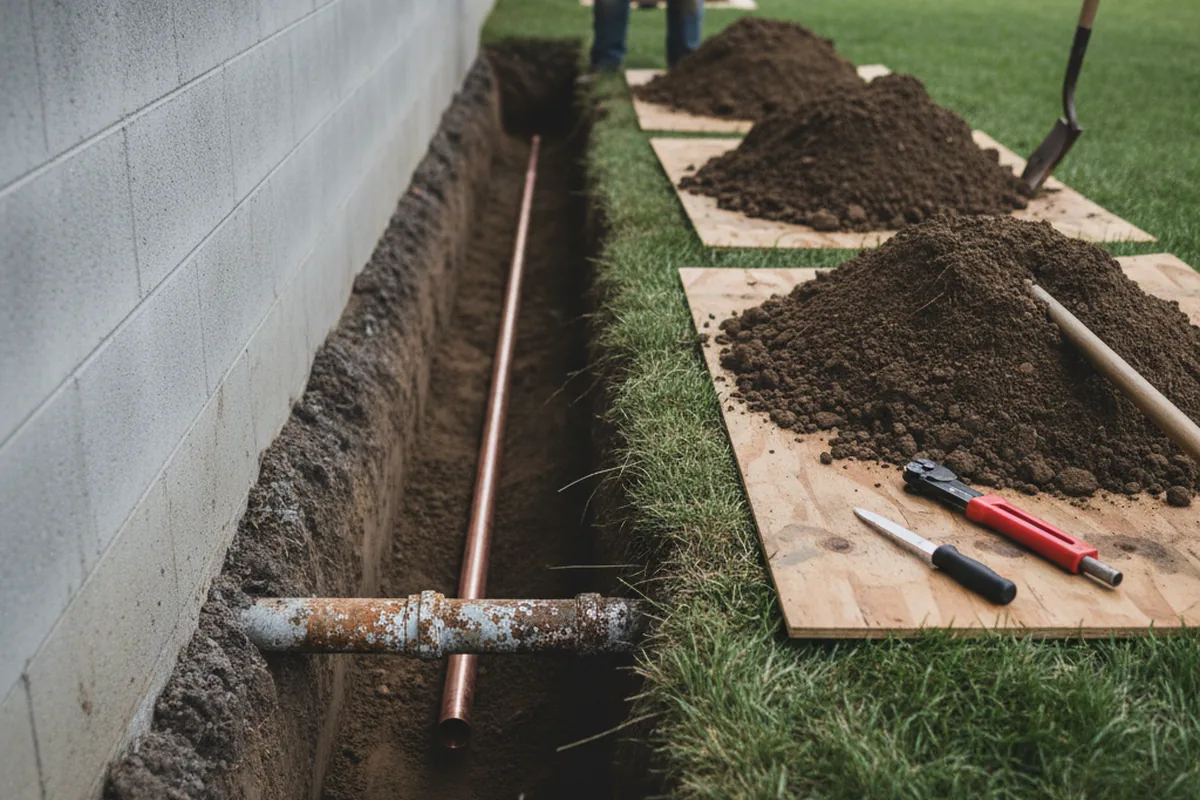 Excavated water line trench during Water Softener Installation in Winlock